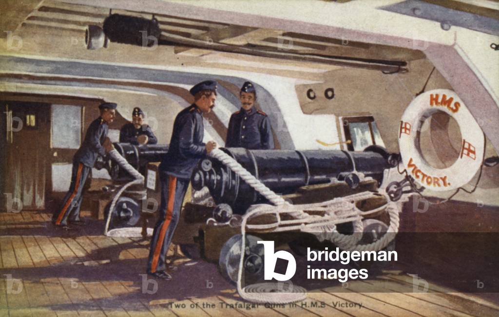 Two of the Trafalgar guns in HMS Victory (colour litho)