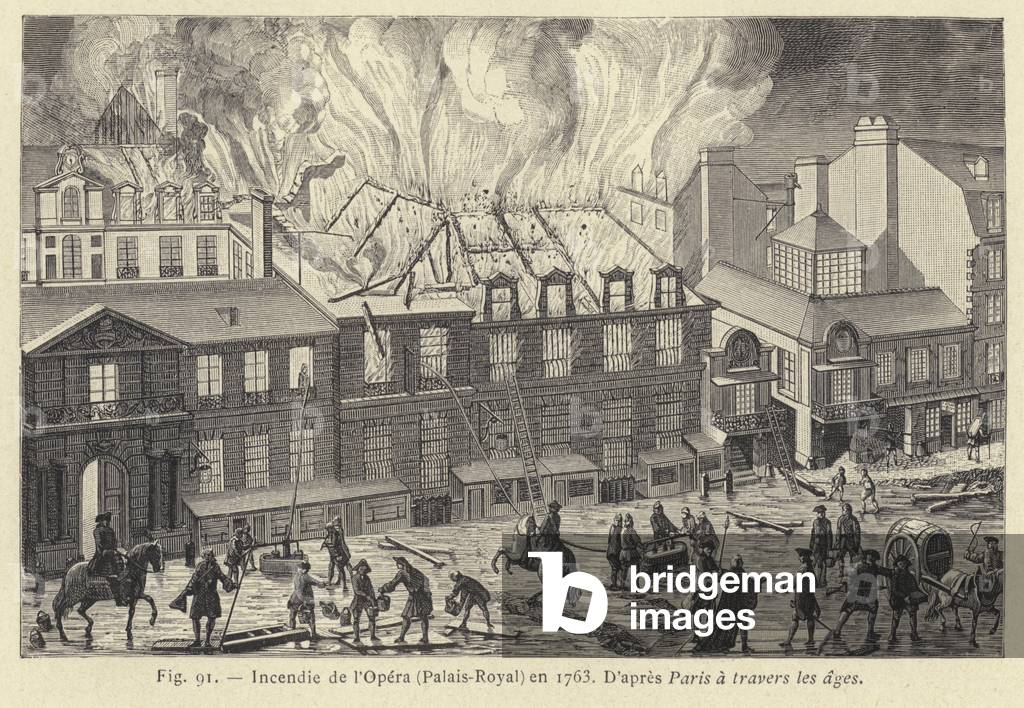Incendie de l'Opera, Palais-Royal, en 1763 (engraving)