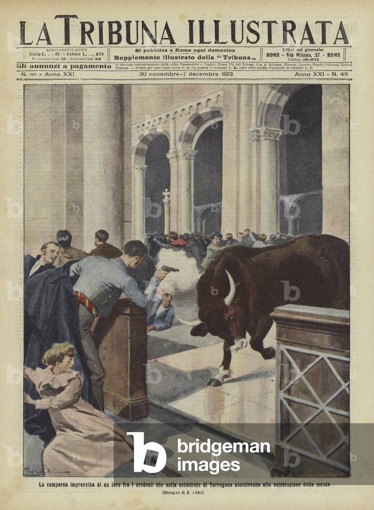 Sudden appearance of a bull at Mass in Tarragona Cathedral, Spain (colour litho)