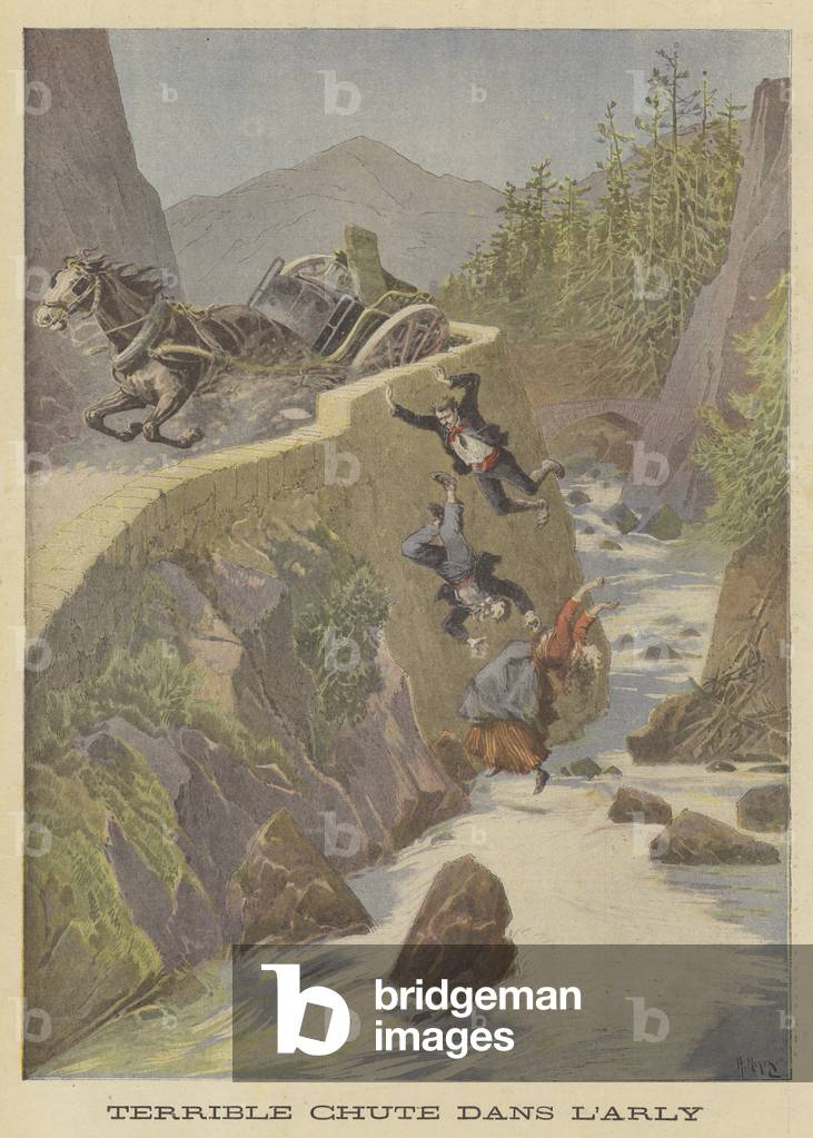 Carriage accident by the River Arly (colour litho)