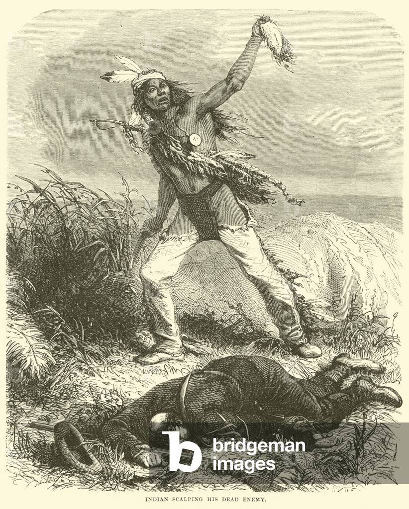Indian scalping his dead enemy (engraving)