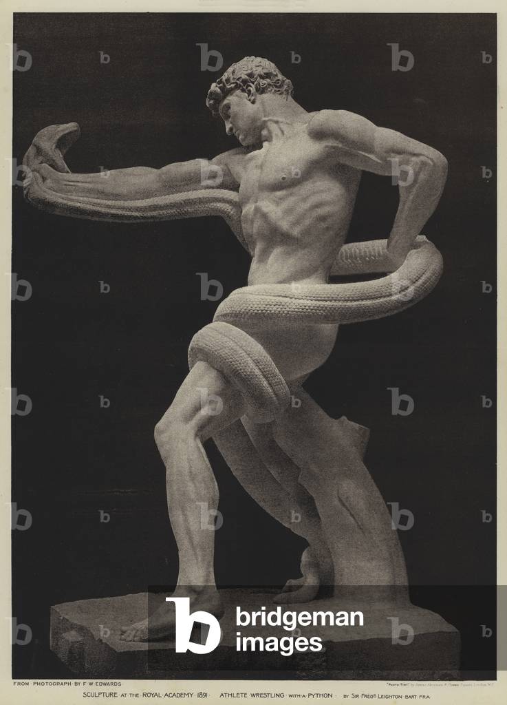 Sculpture at the Royal Academy, 1891, Athlete Wrestling with a Python (b/w photo)