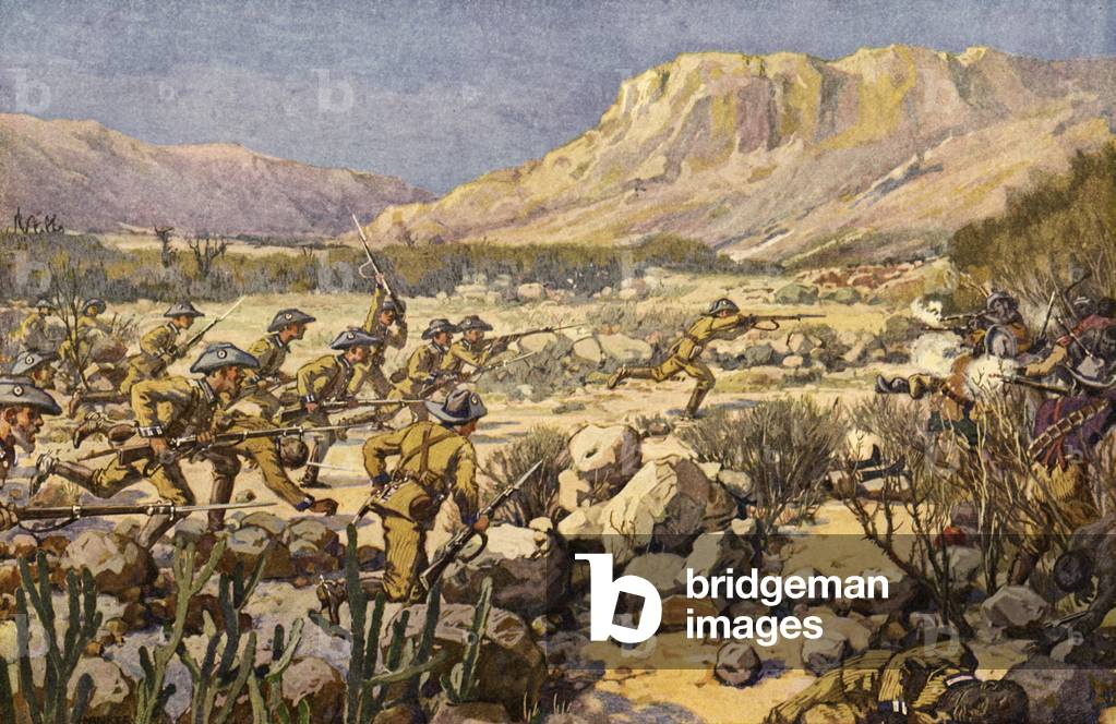 German troops attacking Herero warriors in South West Africa (colour litho)
