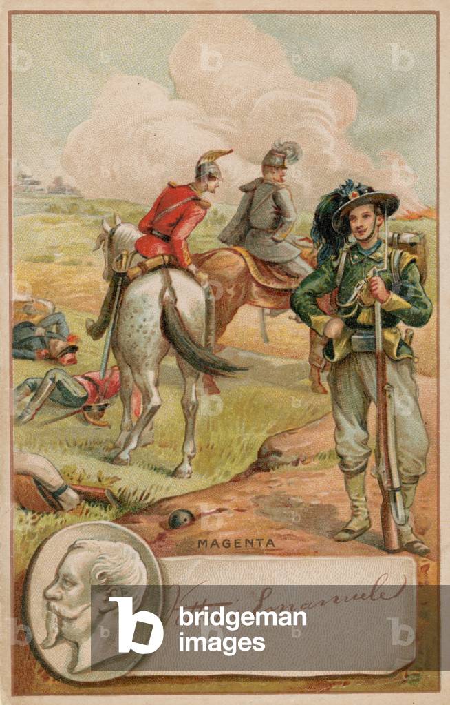 King Victor Emmanuel of Italy and the battlefield of Magenta (chromolitho)