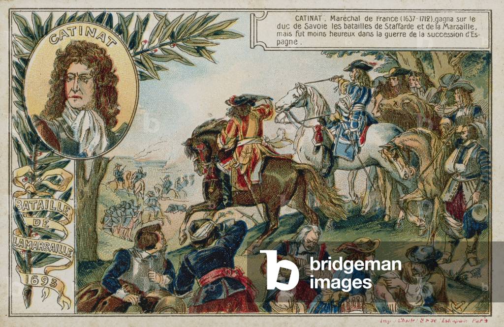 Trade card with an image depicting the Battle of Marsaglia (chromolitho)