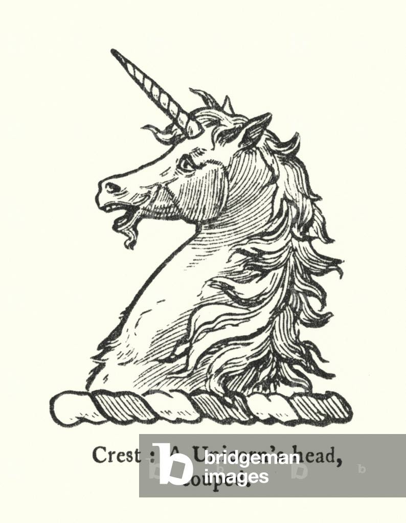 Crest, A Unicorn's head, couped (engraving)