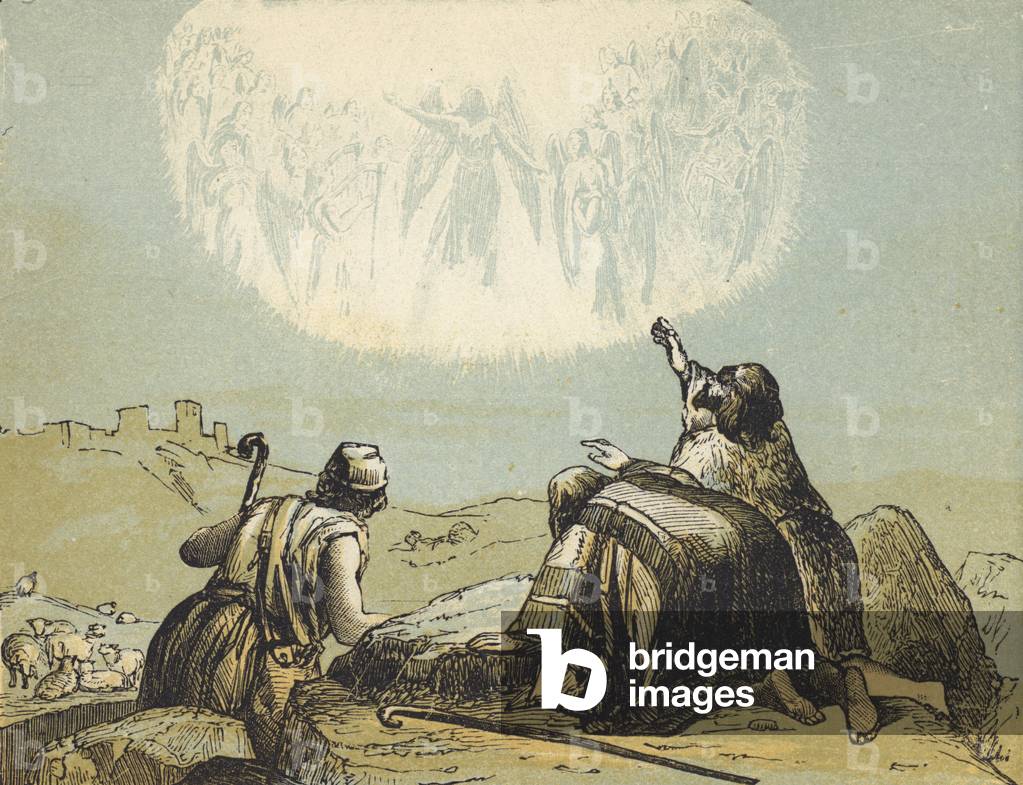 The Shepherds in the Field (coloured engraving)