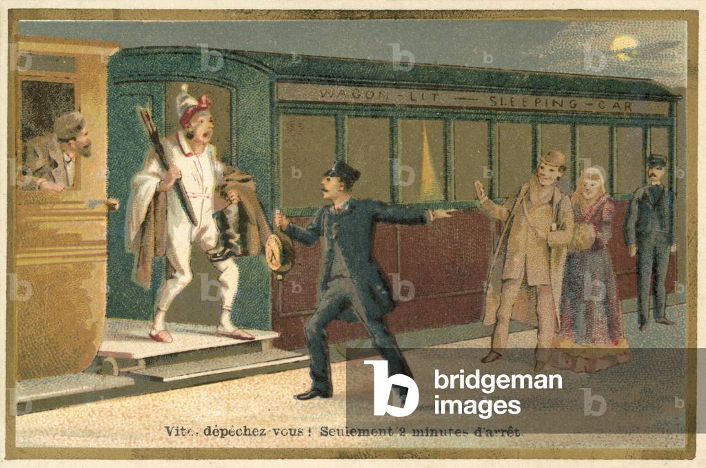Quick, hurry, only a two minute stop (chromolitho)