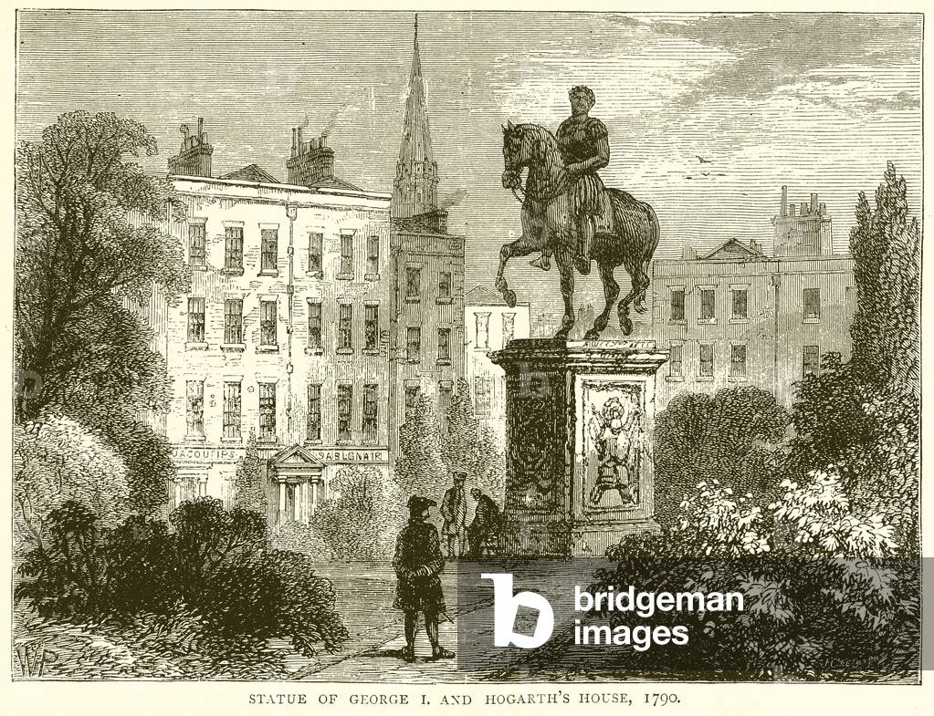 Statue of George I. and Hogarth's House (engraving)