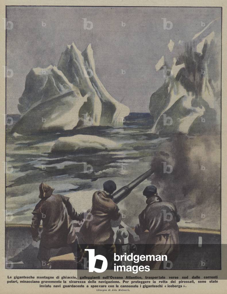 Breaking up icebergs representing a danger to shipping in the Atlantic using gunfire (colour litho)