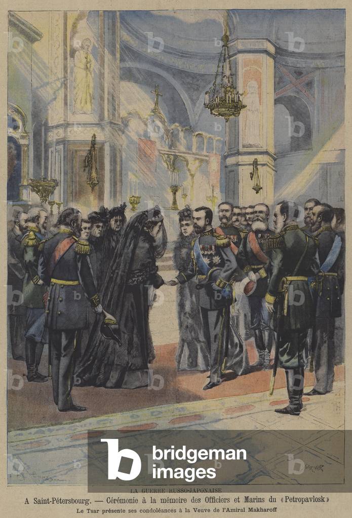The Russo-Japanese War: ceremony in remembrance of the officers and men killed in the sinking of the Russian battleship Petropavlovsk (colour litho)