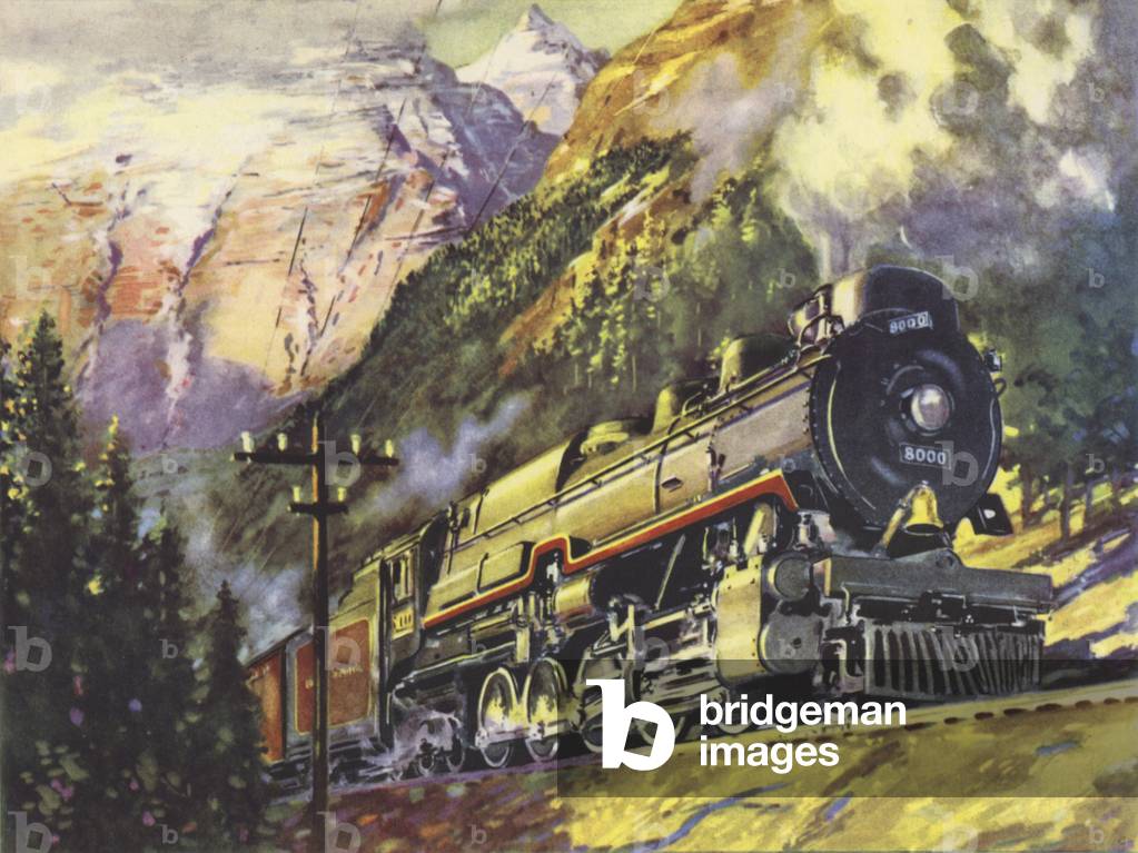 Canada, Canadian Pacific Railway, 2-10-4 Multi-pressure Locomotive hauling The Dominion Trans-Continental Train through the Rocky Mountains (colour litho)
