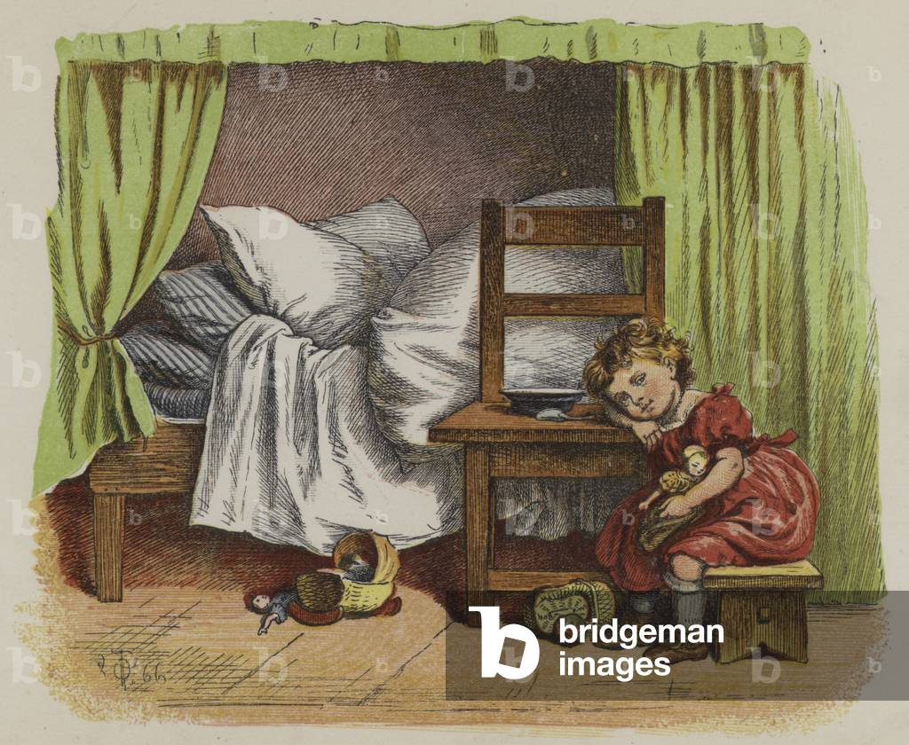 Little girl sitting beside her bed (colour litho)