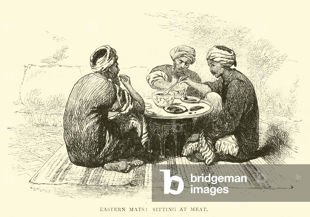 Eastern mats, sitting at meat (engraving)