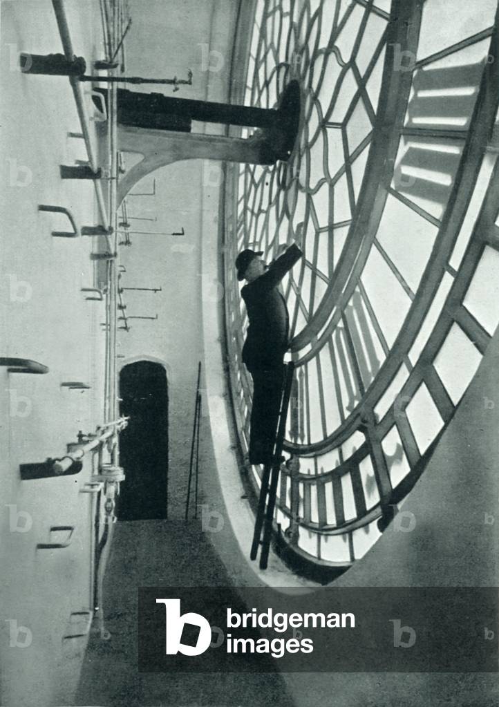 Inside the clock face, Big Ben (b/w photo)