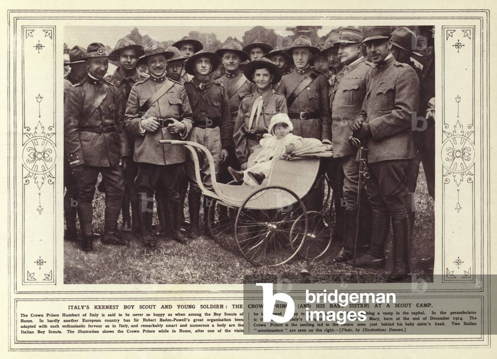 Italy's keenest boy scout and young soldier, the Crown Prince, and his baby sister, at a scout camp (b/w photo)