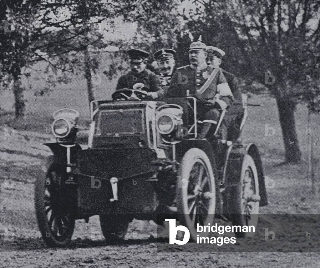 Kaiser Wilhelm II of Germany and Prince Henry of Prussia in a motor car, 1900s (b/w photo)