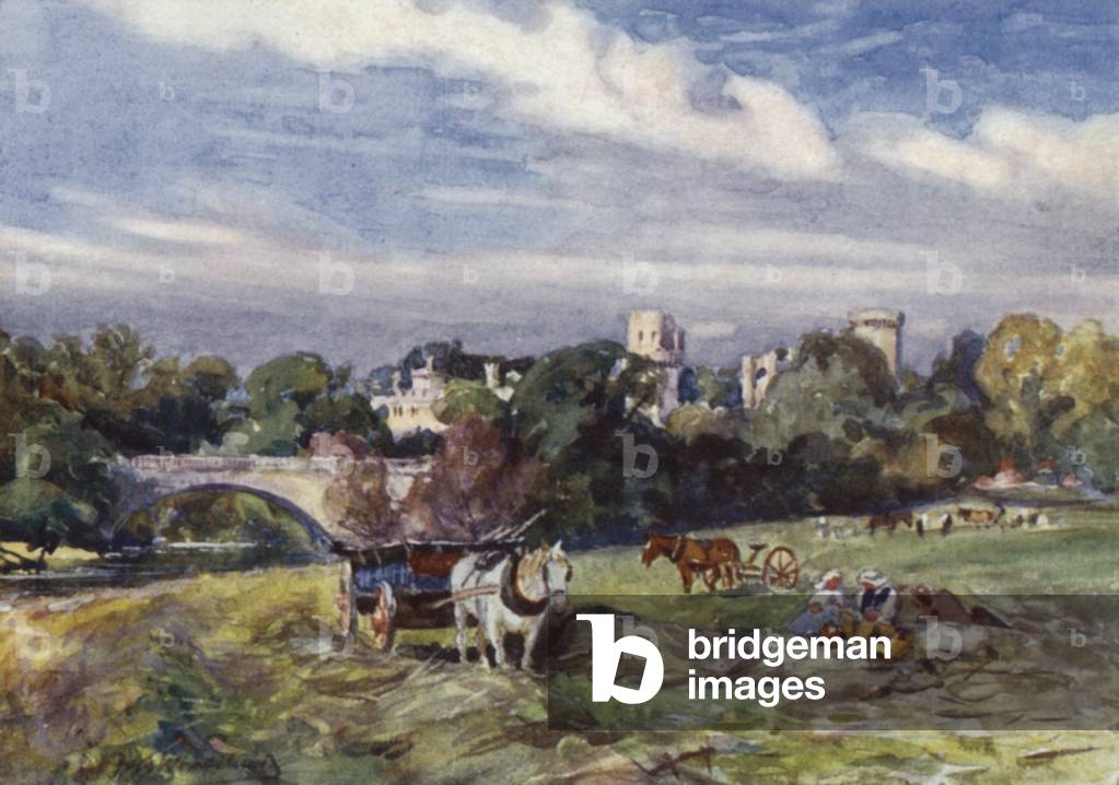 Warwick Castle from the Bridge (colour litho)