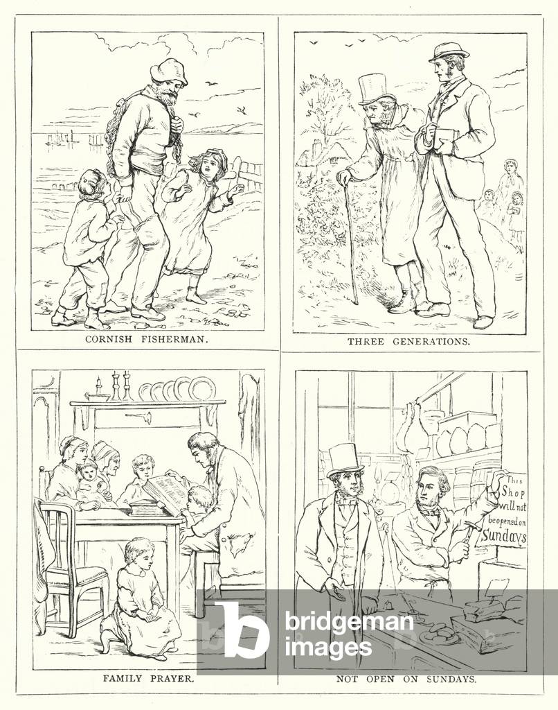 Cornish fisherman, Three generations, Family prayer, Not open on Sundays (engraving)