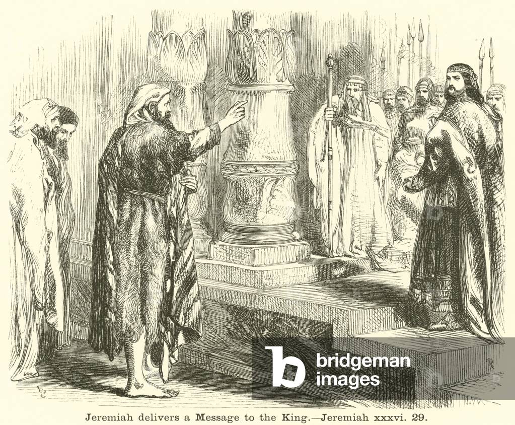 Jeremiah delivers a Message to the King, Jeremiah, xxxvi, 29 (engraving)