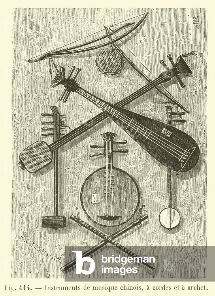 Instruments de musique chinois, a cordes et a archet (engraving)