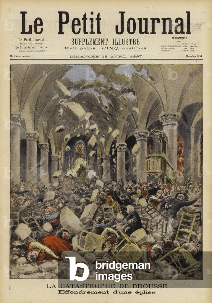 Collapse of a church roof, Brousse, France, 1897 (colour litho)