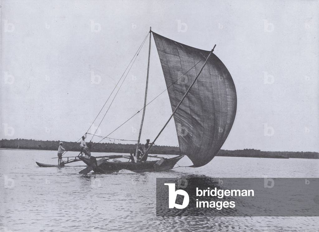 Katamaran in Full Sail on Negombo Lake (b/w photo)