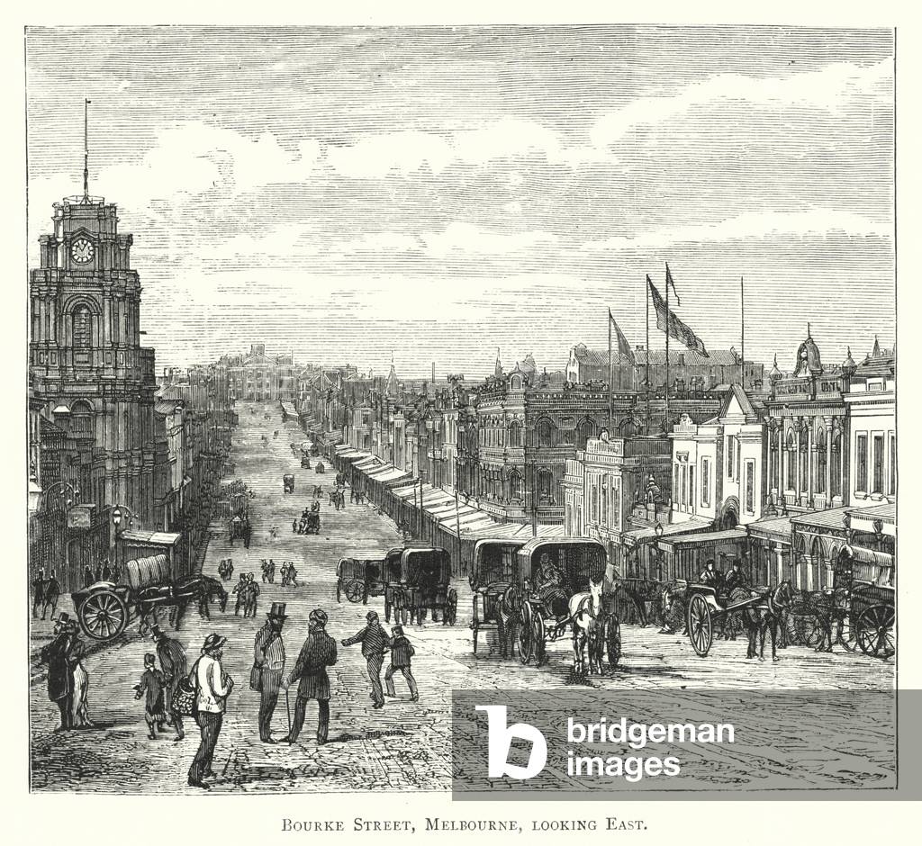 Australia: Bourke Street, Melbourne, looking East (engraving)