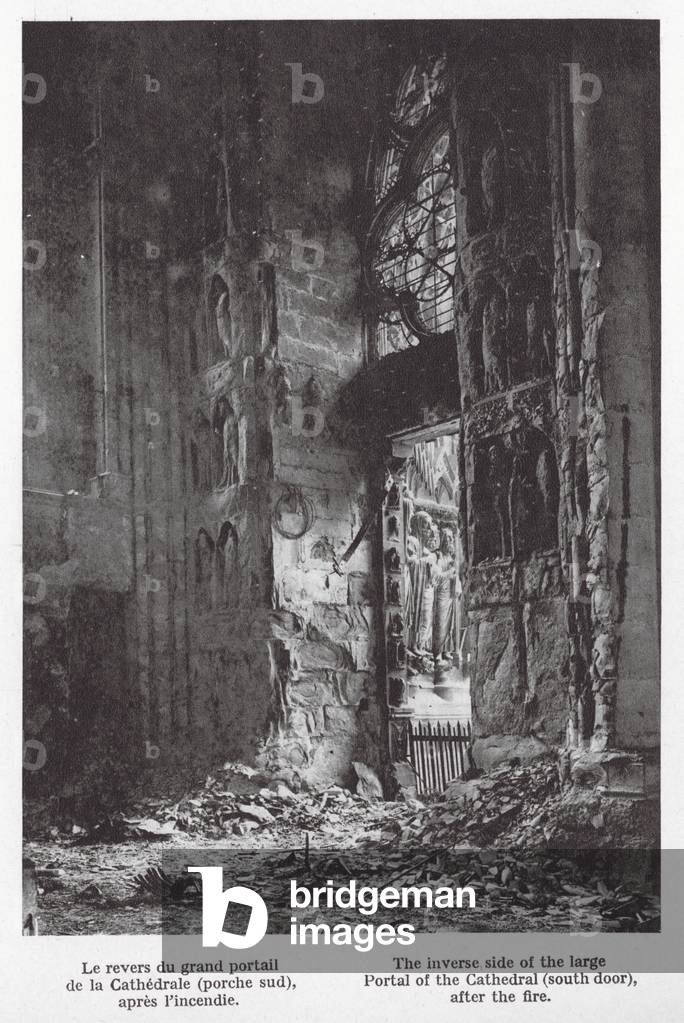 The inverse side of the large Portal of the Cathedral, south door, after the fire (b/w photo)
