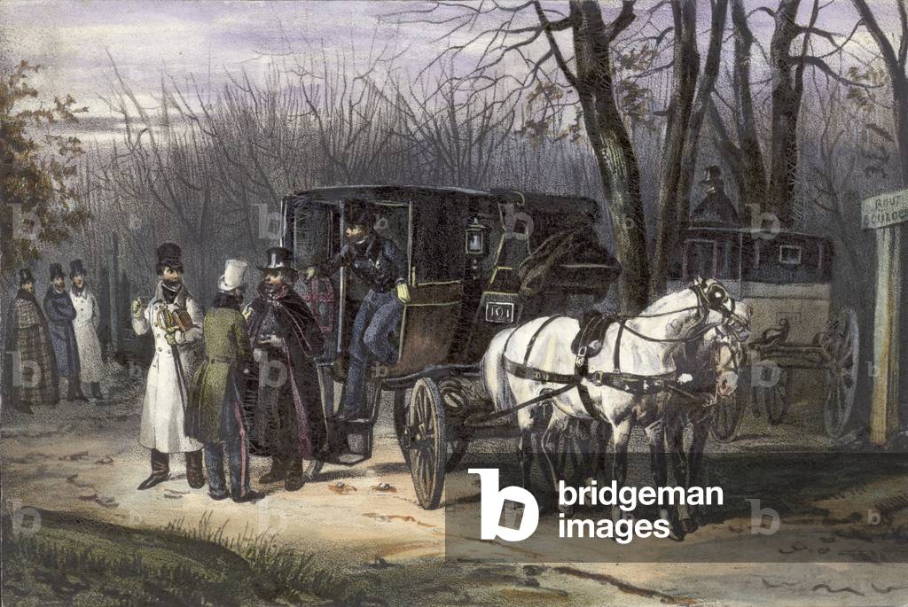 A group of men disembarking from their carriage (colour litho)
