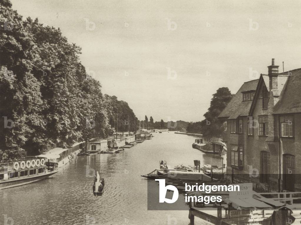 The River Isis from Folly Bridge, showing the College Barges (b/w photo)