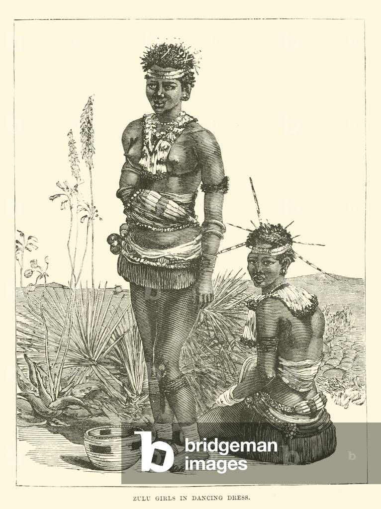 Zulu girls in dancing dress (engraving)
