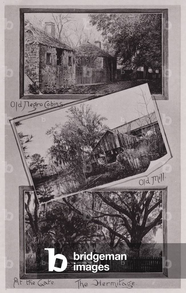Old African-American Cabins; Old Mill; At the Gate; The Hermitage (b/w photo)