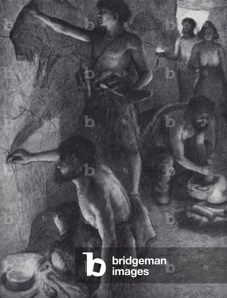 Paleolithic people creating cave paintings (litho)