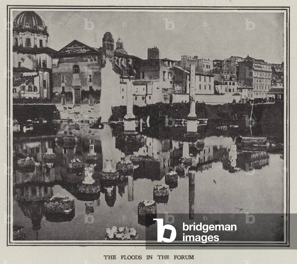 Floodwater from the River Tiber in the Forum, Rome (b/w photo)
