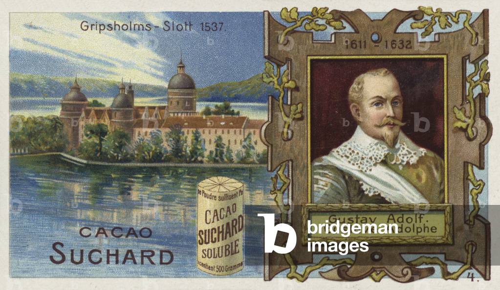 King Gustavus Adolphus of Sweden, and Gripsholm Castle, Mariefred (chromolitho)