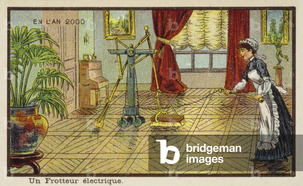 Electric floor polishing machine in the year 2000 (chromolitho)