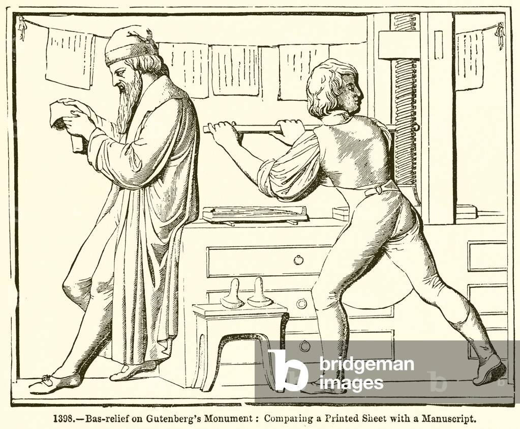Bas-Relief on Gutenberg's Monument: Comparing a Printed Sheet with a Manuscript (engraving)