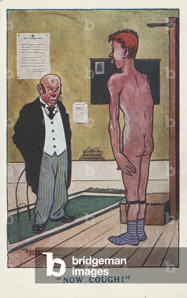 Doctor asking a naked man to cough during a medical examination (colour litho)