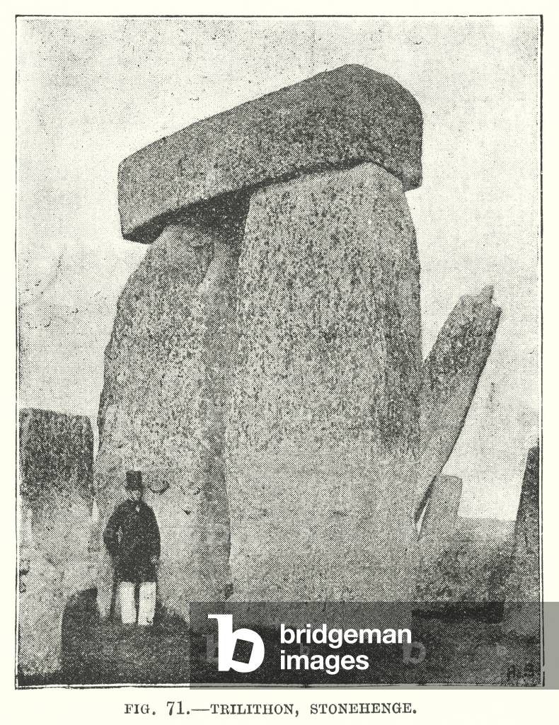 Trilithon, Stonhenge, Victorian man with top hat (litho)