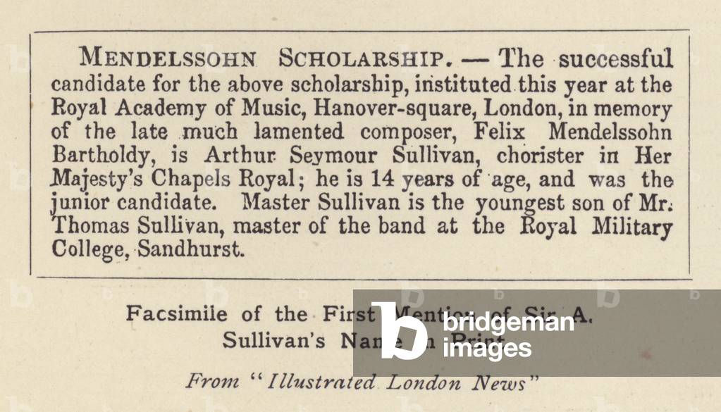 Sir Arthur Sullivan: Facsimile of the First Mention of Sir A Sullivan's Name in Print (b/w photo)