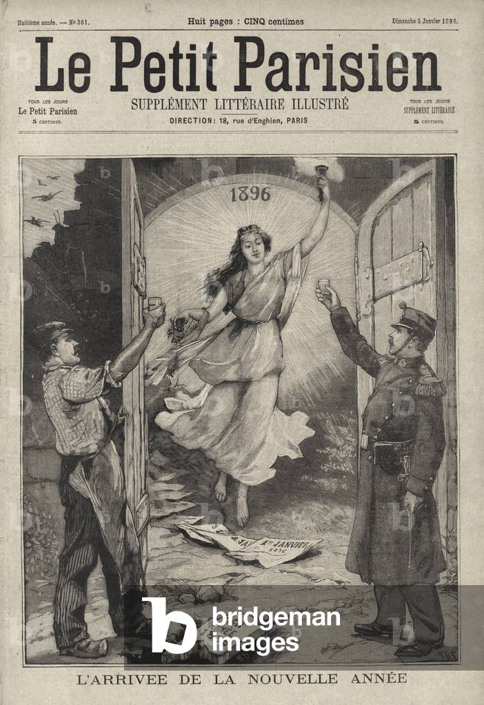 French worker and soldier welcoming the arrival of the New Year (engraving)