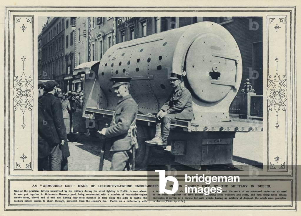 An armoured car made of locomotive-engine smoke-boxes! A moving fort used by the military in Dublin (b/w photo)
