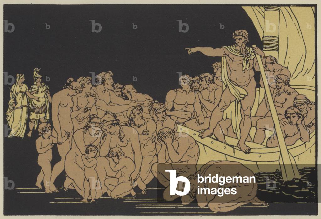 Charon and the ghosts (colour litho)