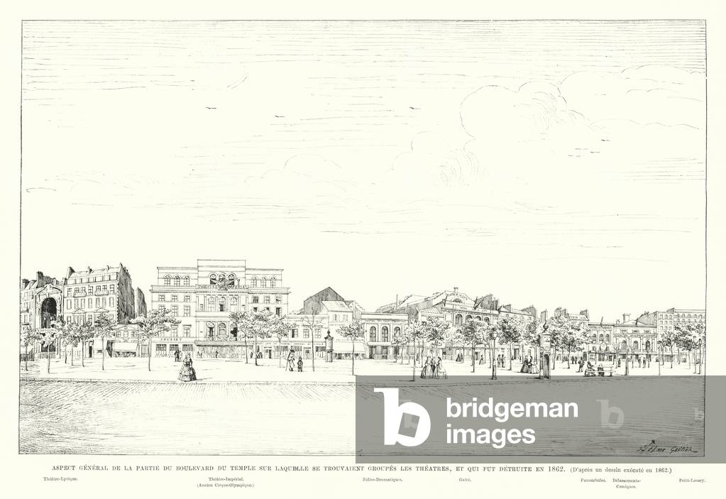 Aspect General de la Partie du Boulevard du temple sur Laquelle se Trouvaient Groupes les Theatres, et Qui Fut Detruite en 1862, D'apres un dessin execute en 1862 (engraving)