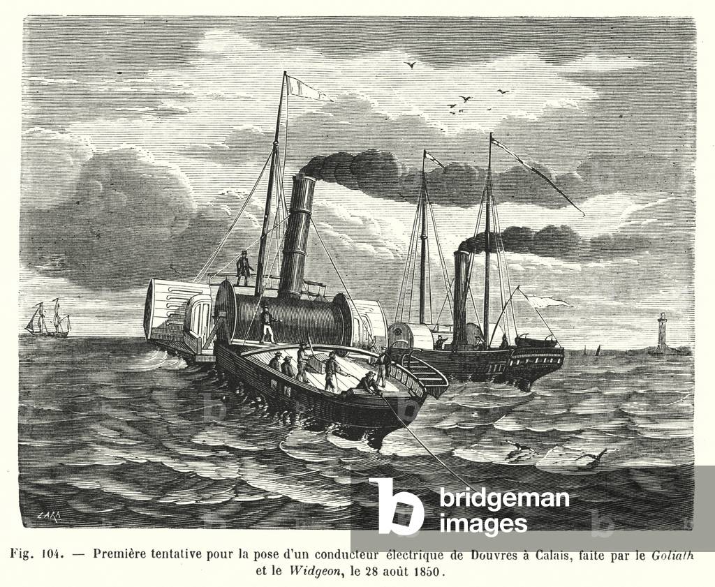Premiere tentative pour la pose d'un conducteur electrique de Douvres a Calais, faite par le Goliath et le Widgeon, le 28 aout 1850 (engraving)