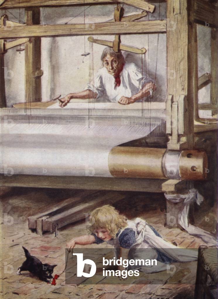 Silas Marner at his loom (colour litho)