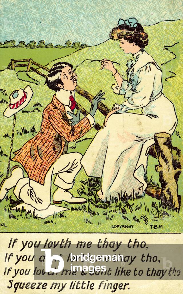Man with a lisp protesting his love to a girl (colour litho)