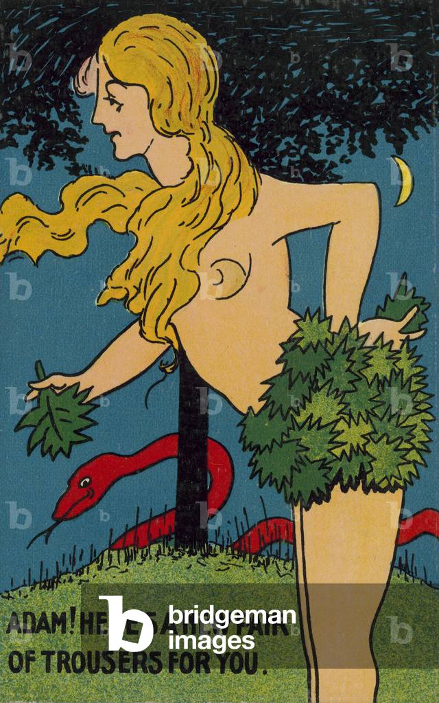 Eve gives Adam a new pair of trousers in the form of a fig leaf (colour litho)