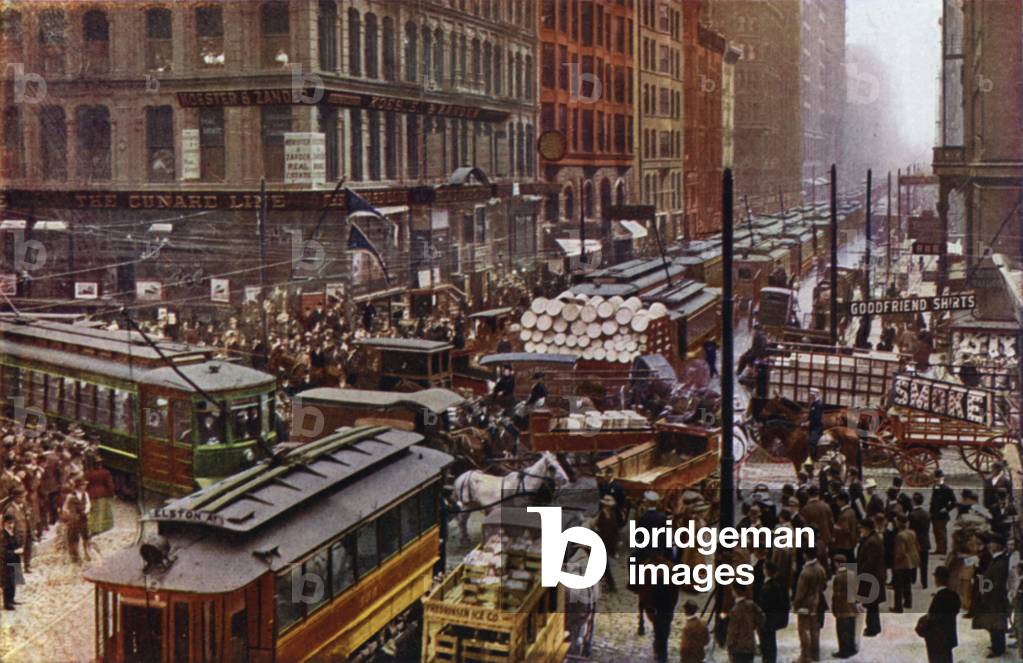 A Busy Day on Dearborn and Randolph Streets (colour photo)